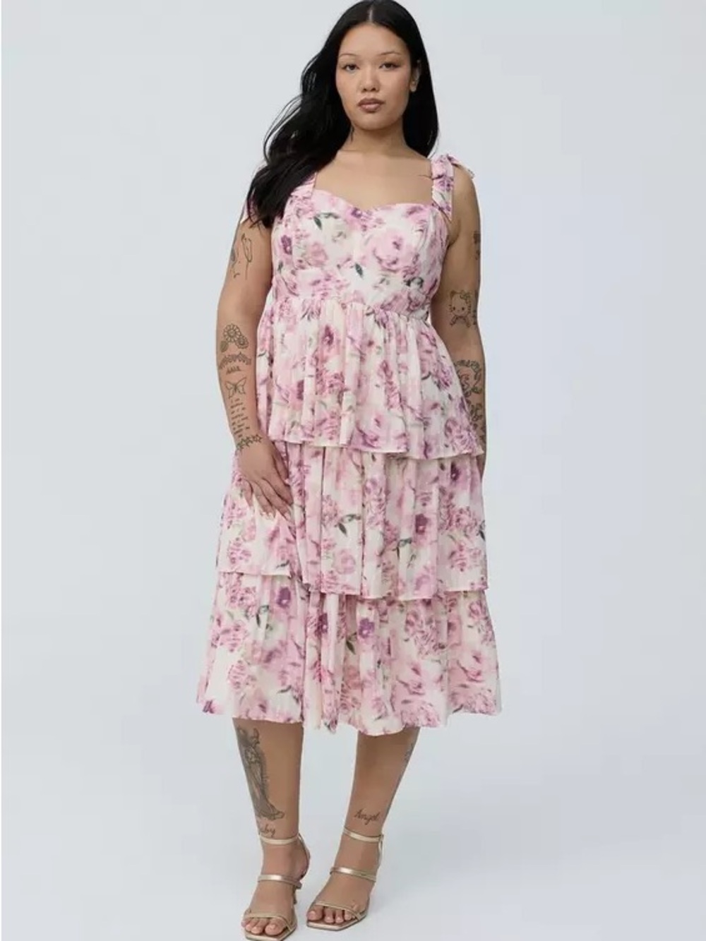 torrid Cream Dress with Pink Floral Tiered Ruffles